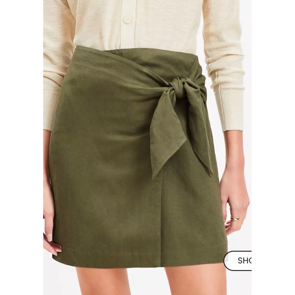 Loft Olive Green Linen Blend Faux Wrap Side Tie Mini Skirt Womens Size 4